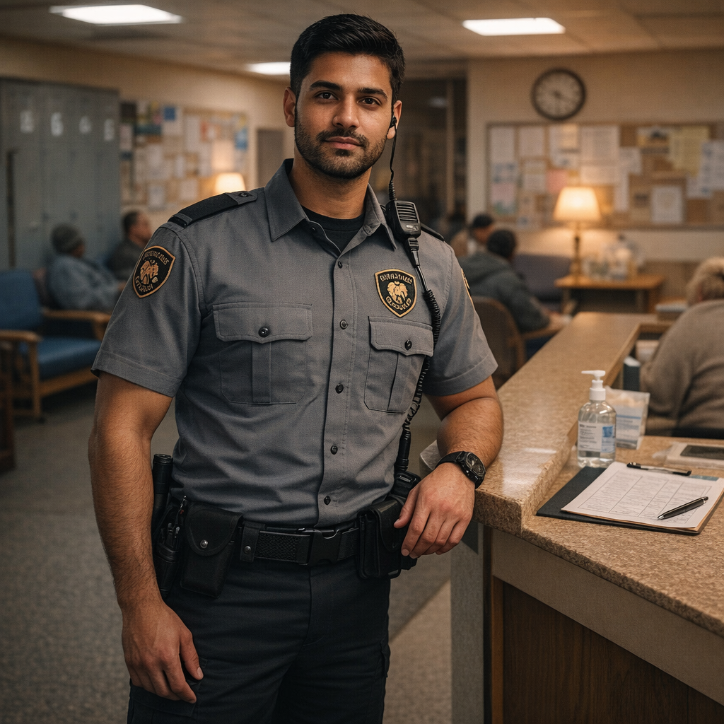 NightShield Security guard monitoring building lobby