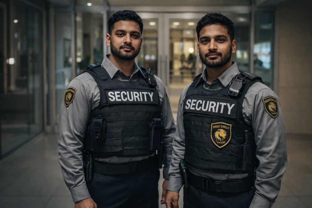 NightShield security officers patrolling residential hallway
